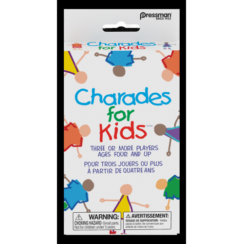 Charades for Kids (Peggable), bilingual English & French family game, ages 4+, travel-size edition.