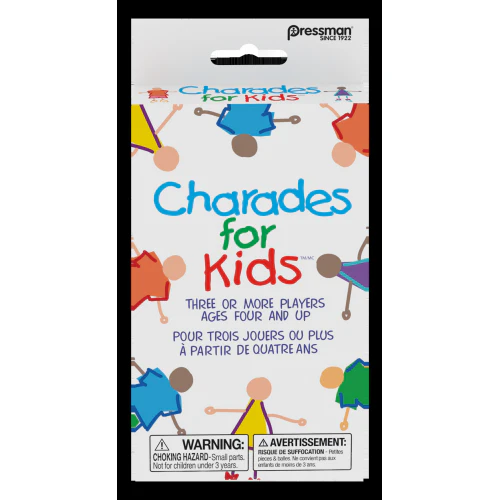 Charades for Kids (Peggable), Bilingual edition, game for 3+ players, ages 4+, with colorful stick figure illustrations.