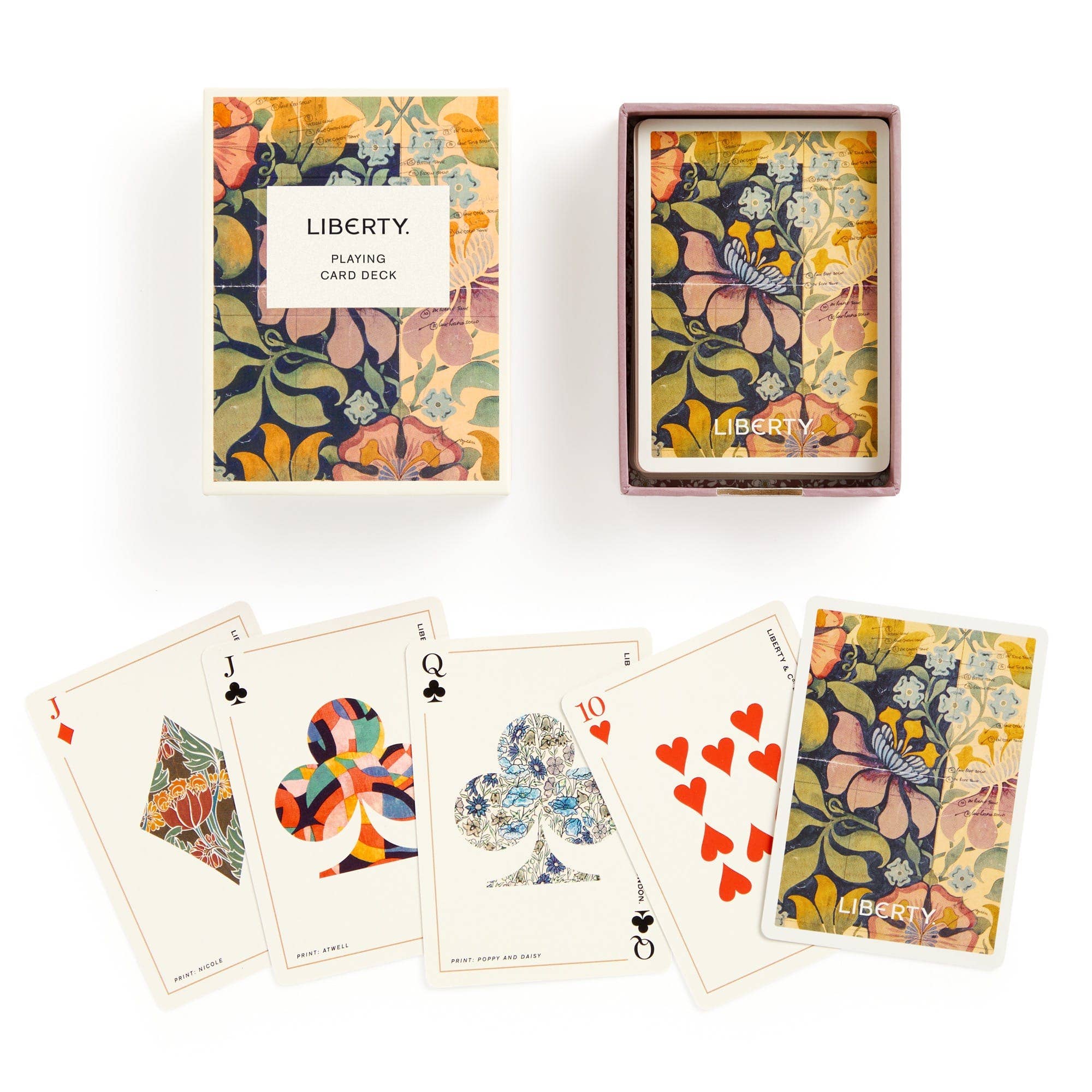 Liberty Archive Playing Card Deck with floral box, four face cards, and one floral-backed card shown.