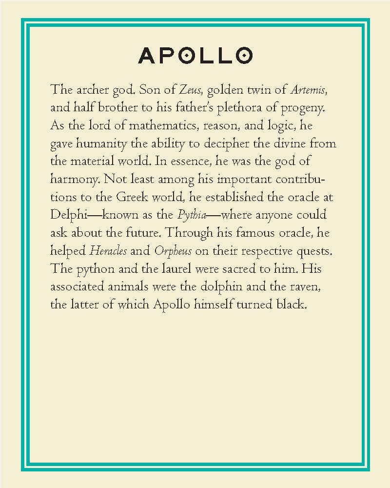 Mythos Deck card featuring Apollo with details on his lineage, powers, and symbols.