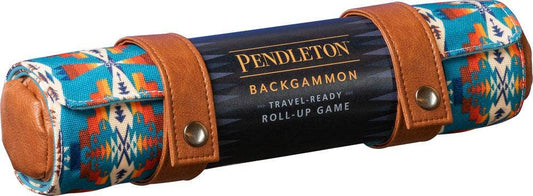 Pendleton Backgammon travel set with geometric pattern and brown leather straps.