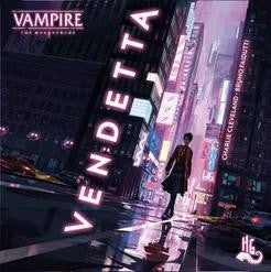 Vampire The Masquerade: Vendetta board game with a person walking on a neon-lit city street at night.