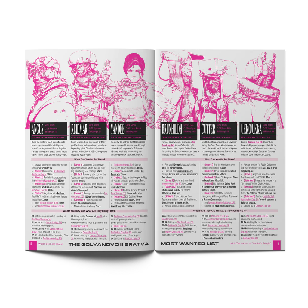 A Pound of Flesh – A MOTHERSHIP Module open to pages with cybermods and profiles in black and pink zine style.
