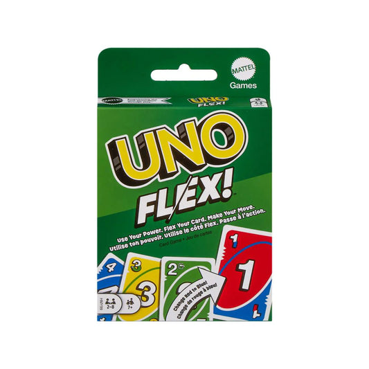 Green UNO Flex card game box with colorful cards and English and French text.