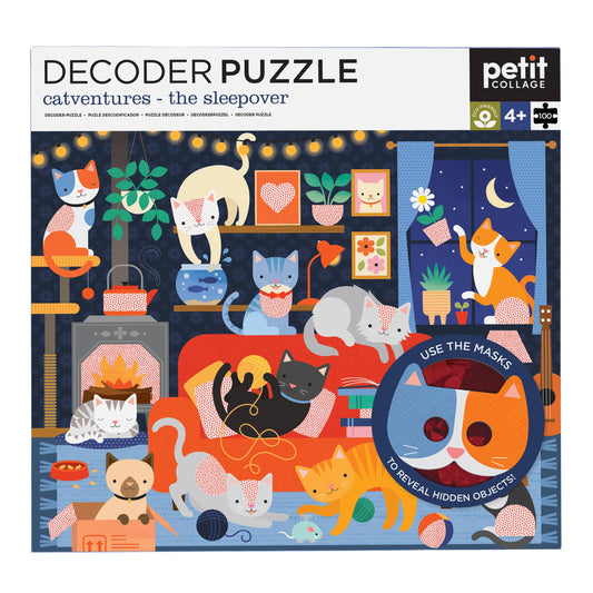 Catventures - The Sleepover 100-piece puzzle with decoder mask revealing hidden objects among illustrated cats.