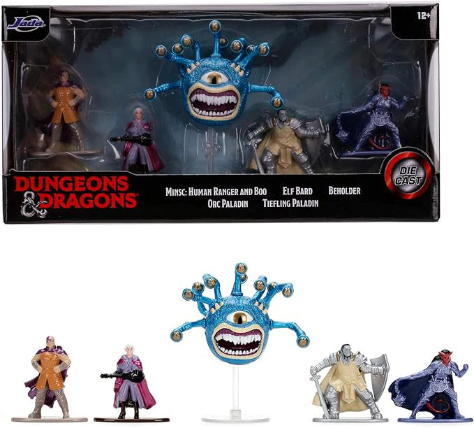 Set of 5 Dungeons & Dragons Die-Cast Nanofigs: Minsc, Elf Bard, Orc, Deep Paladin, and Beholder shown boxed and unboxed.
