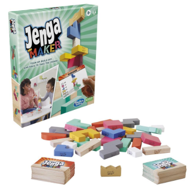 Jenga Maker - Jenga for Teams box with colorful blocks and cards on a white surface.