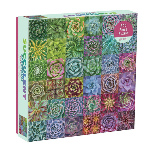 The Succulent Spectrum 500 Piece Puzzle featuring a grid of vivid plant photographs.