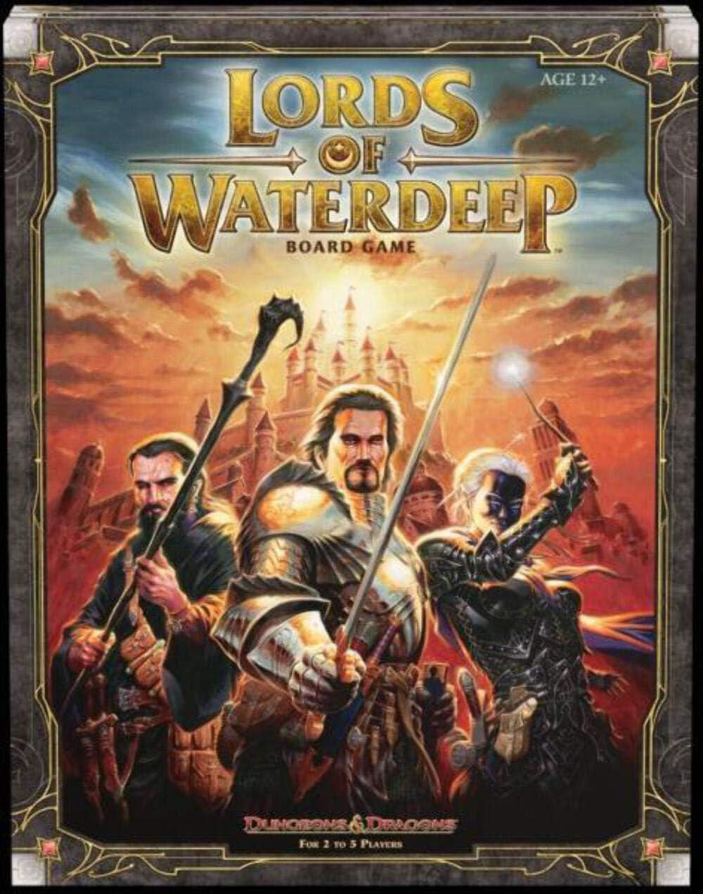 Lords of Waterdeep board game box displaying three fantasy characters in front of a city backdrop.