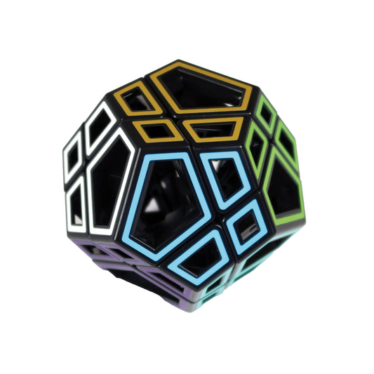Mefferts Hollow Skewb Ultimate, a colorful asymmetrical twisty puzzle with intersecting lines.