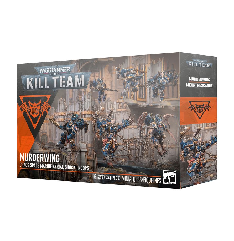 Kill Team: Murderwing box with assembled and painted Chaos Space Marines miniatures in aerial action poses.