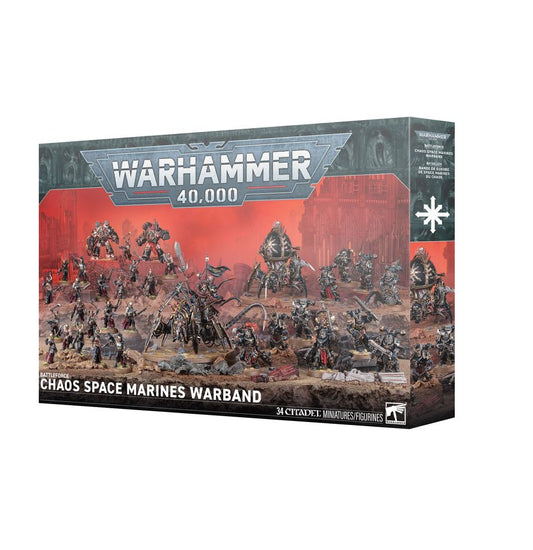 BATTLEFORCE: CHAOS SPACE MARINES WARBAND box with images of painted Chaos Space Marines miniatures on the front.