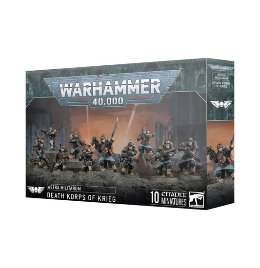 Warhammer 40,000 Astra Militarum Death Korps of Krieg box set with 10 painted miniatures shown on the cover.