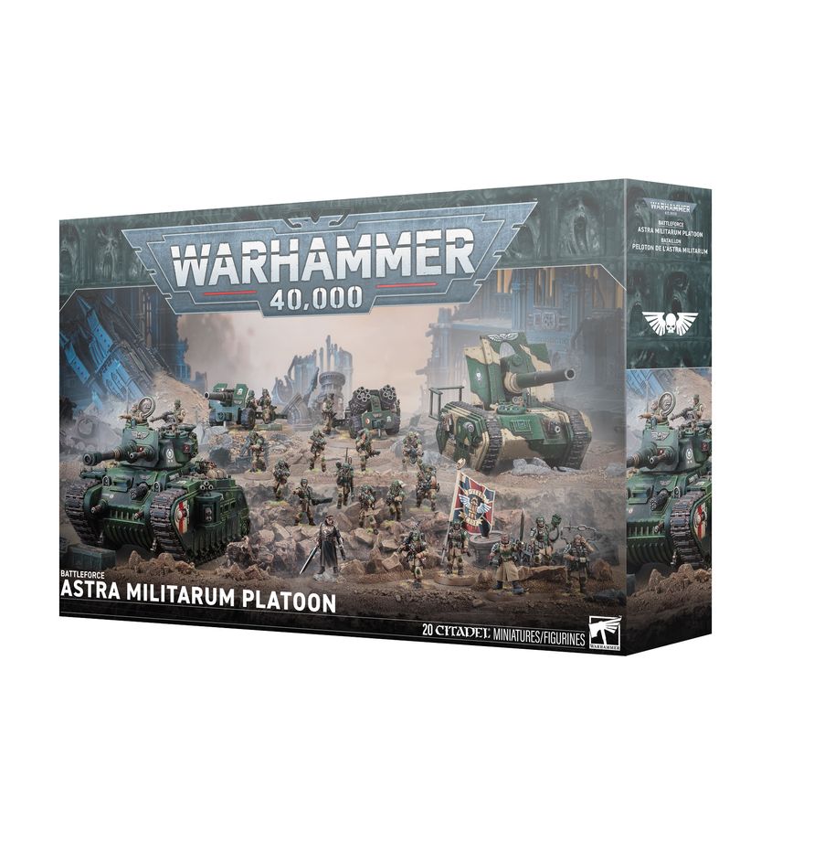 BATTLEFORCE: Astra Militarum Platoon set with Cadian Command Squad, tanks, and troops for Warhammer 40,000.