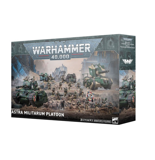 BATTLEFORCE: Astra Militarum Platoon set with Cadian Command Squad, tanks, and troops for Warhammer 40,000.