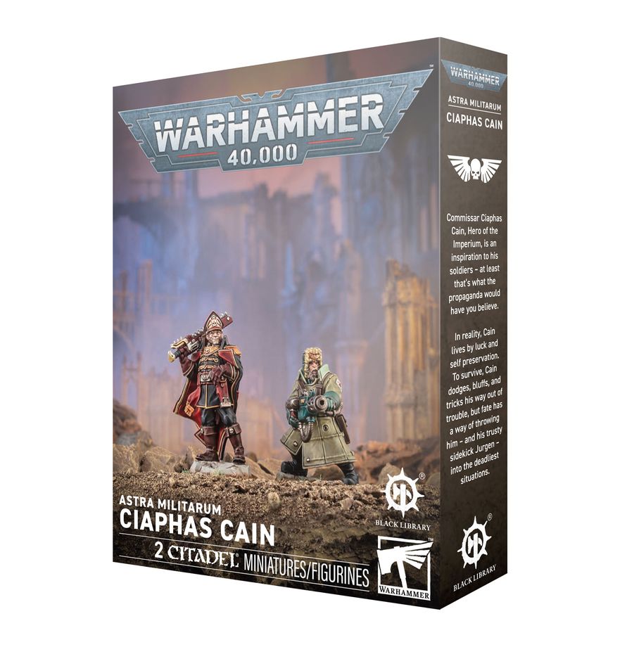 ASTRA MILITARUM: CIAPHAS CAIN box with Astra Militarum miniatures and product branding visible.