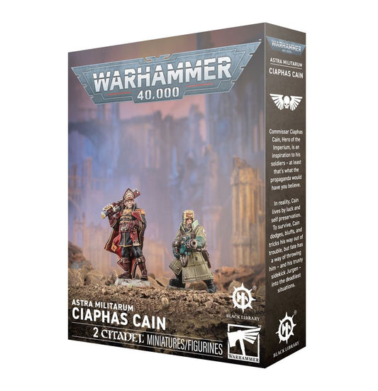 ASTRA MILITARUM: CIAPHAS CAIN box with Astra Militarum miniatures and product branding visible.