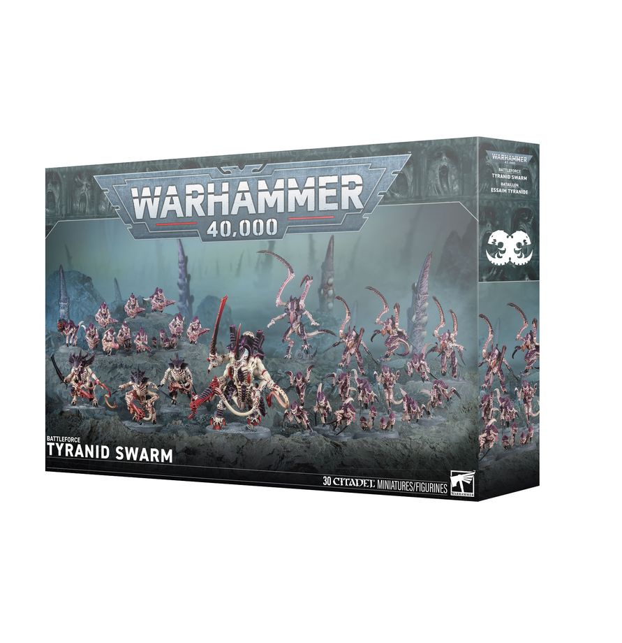 BATTLEFORCE: TYRANID SWARM box with Hive Tyrant and assembled Tyranid miniatures shown on packaging.