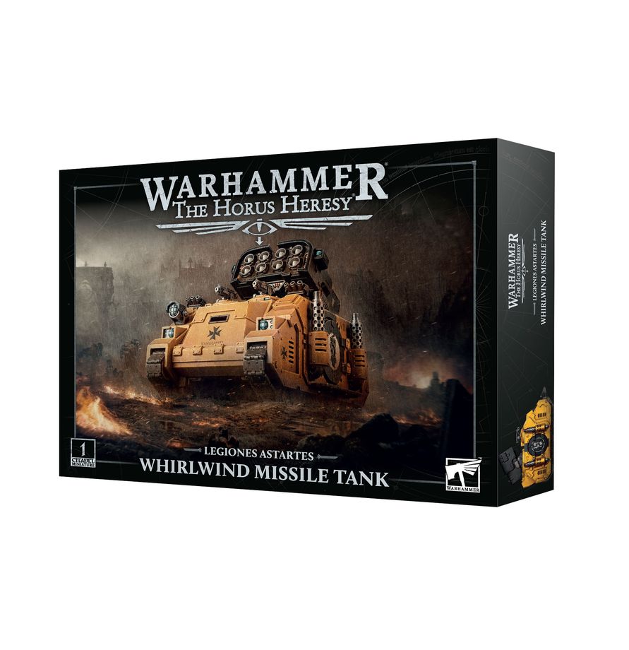 LEGIONES ASTARTES: WHIRLWIND MISSILE TANK model kit with product box showing tank illustration.