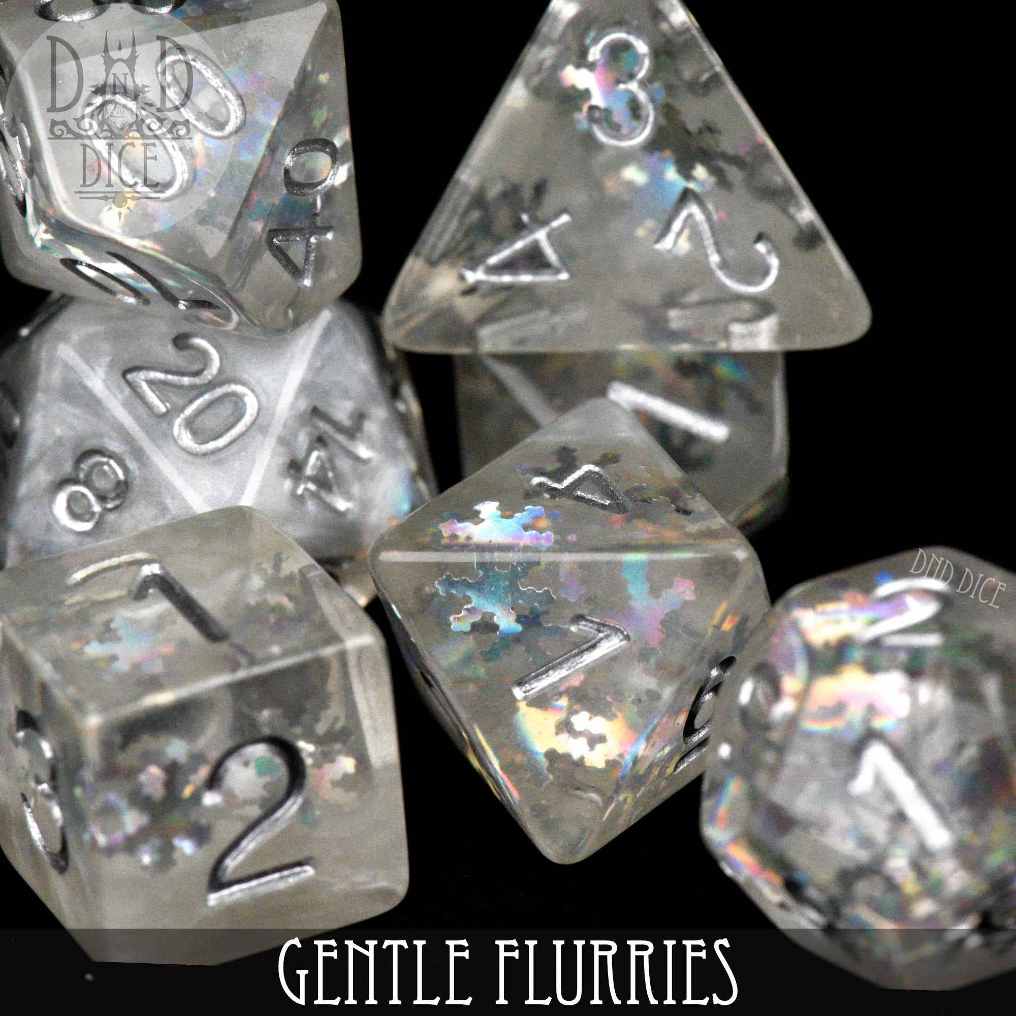 Resin polyhedral dice set with silver numbers and iridescent glitter, Gentle Flurries variant.