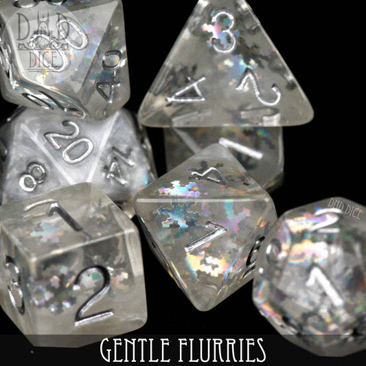 Resin polyhedral dice set with silver numbers and iridescent glitter, Gentle Flurries variant.