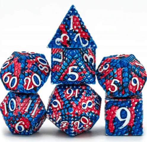 Coral Reef Dragon Scale RPG Metal Dice Set with scale texture shown on a white background.
