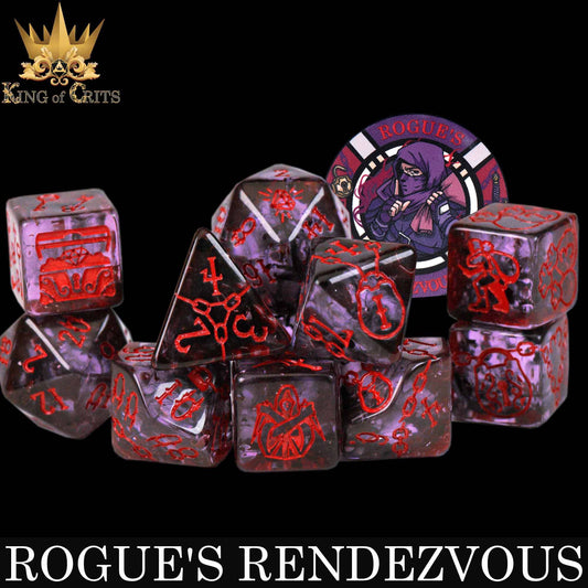 Rogues Rendezvous 11 dice set, black-red with rogue icons, includes ceramic poker chip featuring masked rogue design.