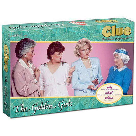 CLUE: GOLDEN GIRLS edition board game box and custom board featuring the main characters on a green background.