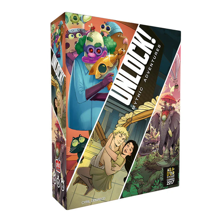 UNLOCK Mythic Adventures cooperative card game set featuring mythological themes and characters.