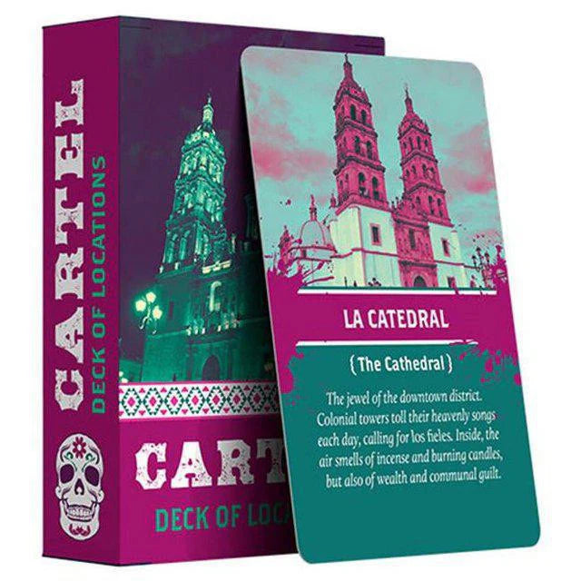 Cartel RPG Deck of Locations La Catedral card featuring twin towers illustration and location description.
