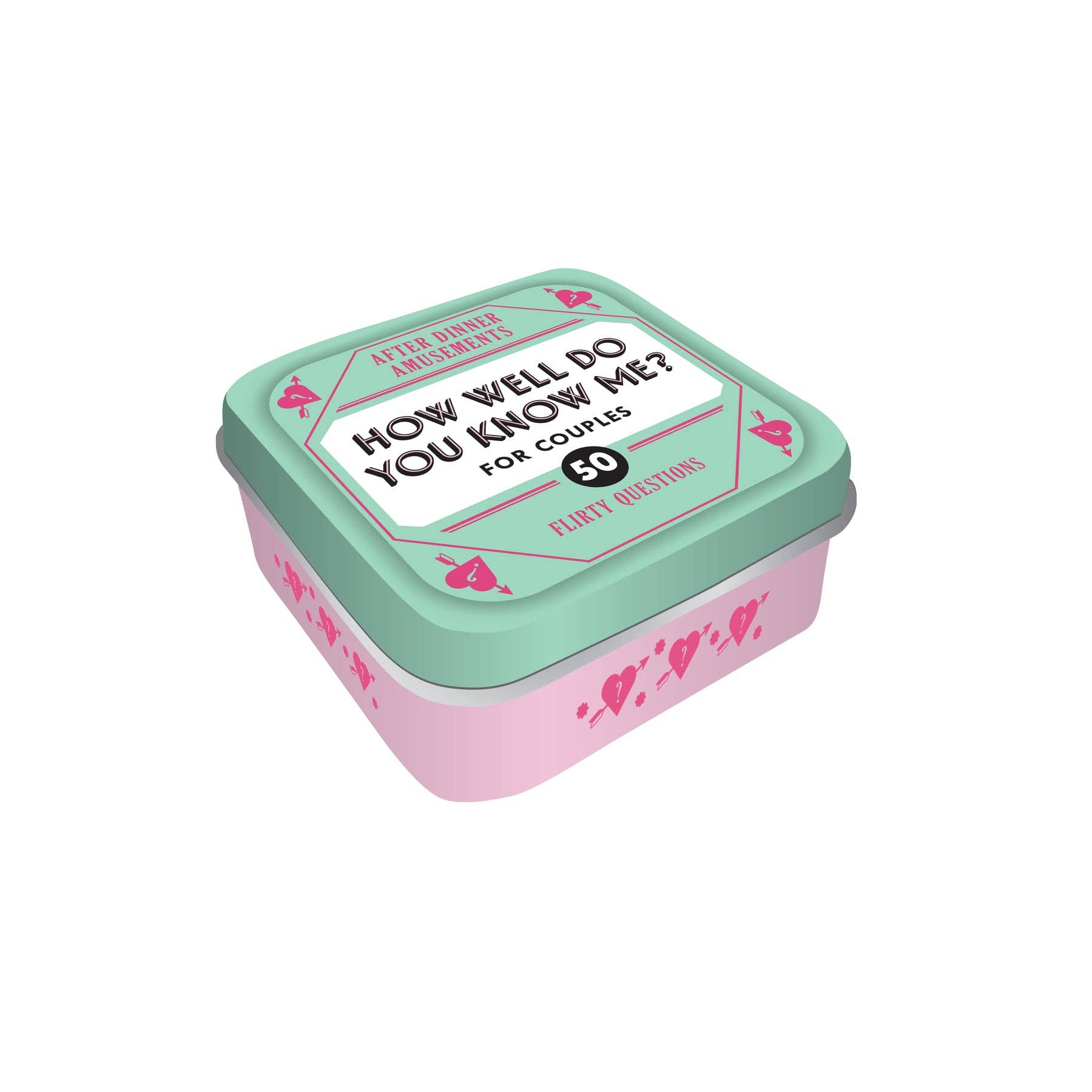 After Dinner Amusements: How Well Do You Know Me? For Couples, 50 date night questions box in pink and teal.
