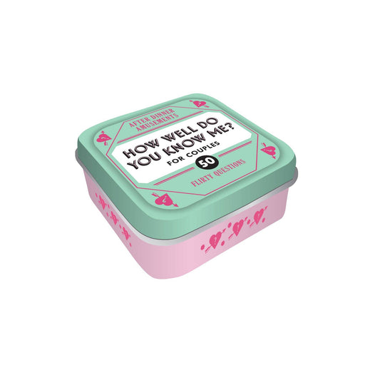 After Dinner Amusements: How Well Do You Know Me? For Couples, 50 date night questions box in pink and teal.