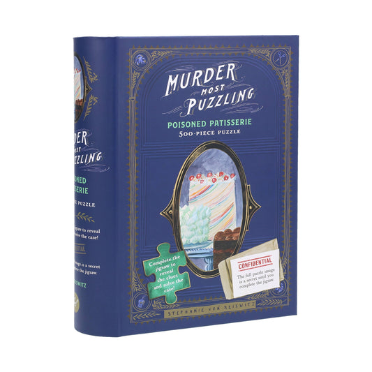 Murder Most Puzzling: Poisoned Patisserie 500-piece puzzle box with clue cards and illustrations.
