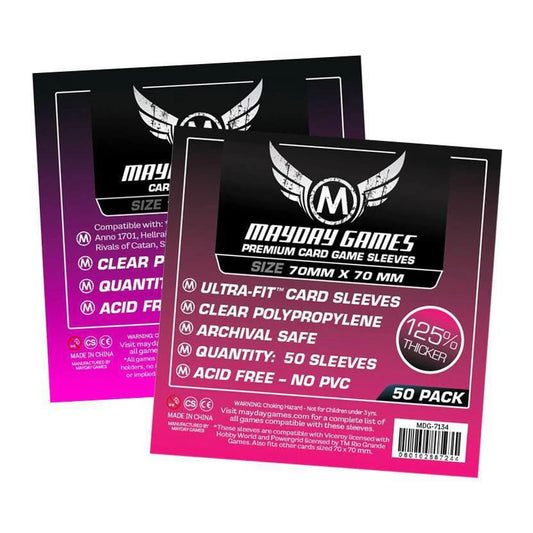 Two packs of Mayday Games 70mm x 70mm card sleeves, 50 sleeves per pack, archival safe.