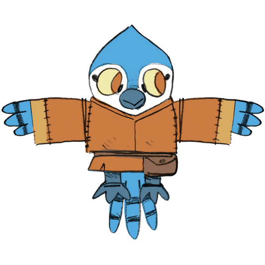 Root Plushie Bird, blue cartoon bird in brown robe and satchel from Root board game.