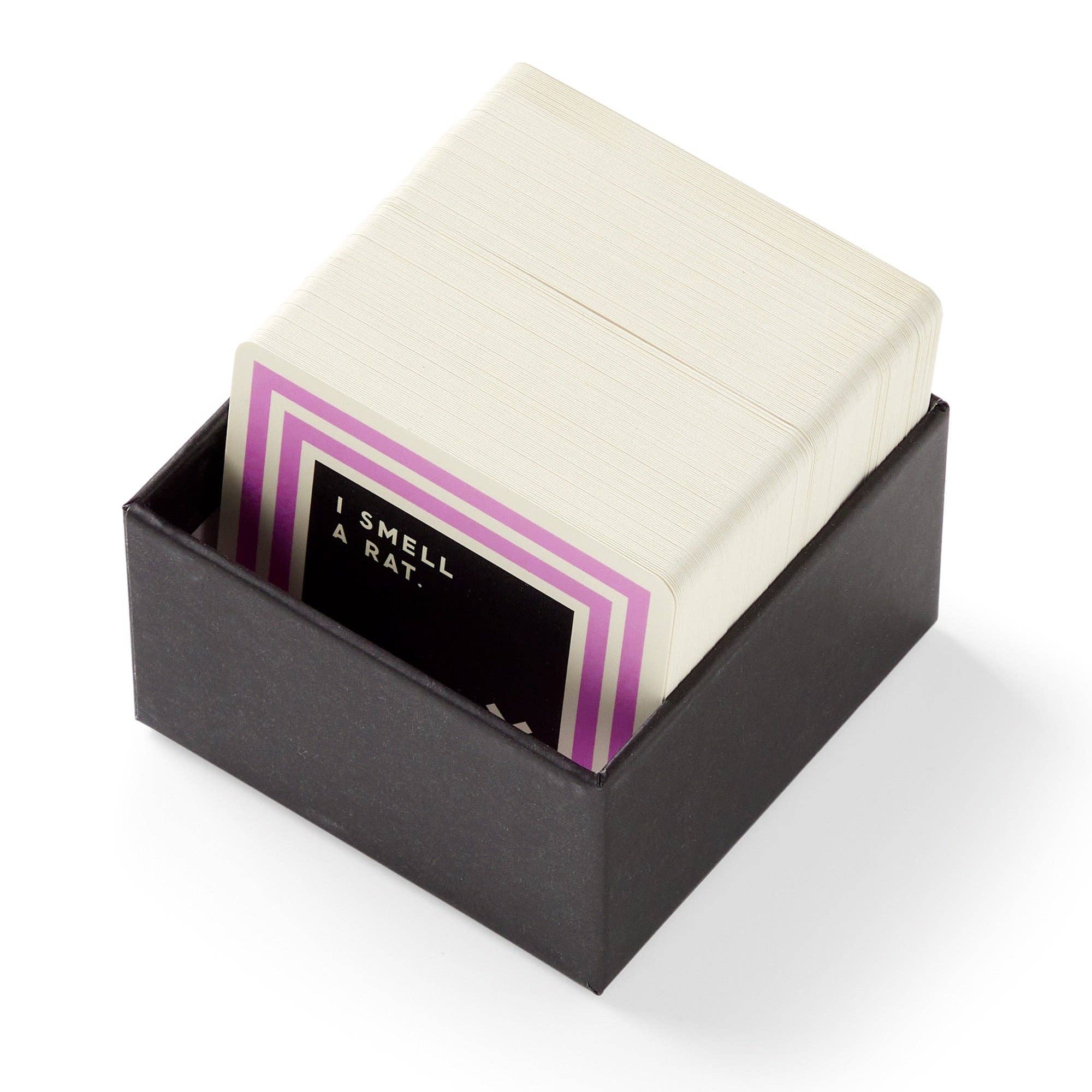 Brass Monkey Useless Animal Trivia card set in a black box, top card reads I SMELL A RAT.