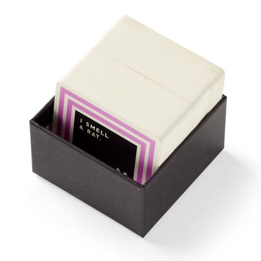 Brass Monkey Useless Animal Trivia card set in a black box, top card reads I SMELL A RAT.