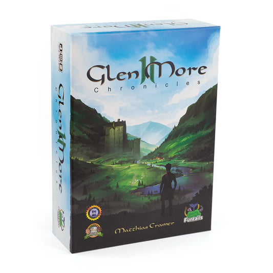 Box for Glen More II: Chronicles strategy game, showing title and cover art with landscape and castle.