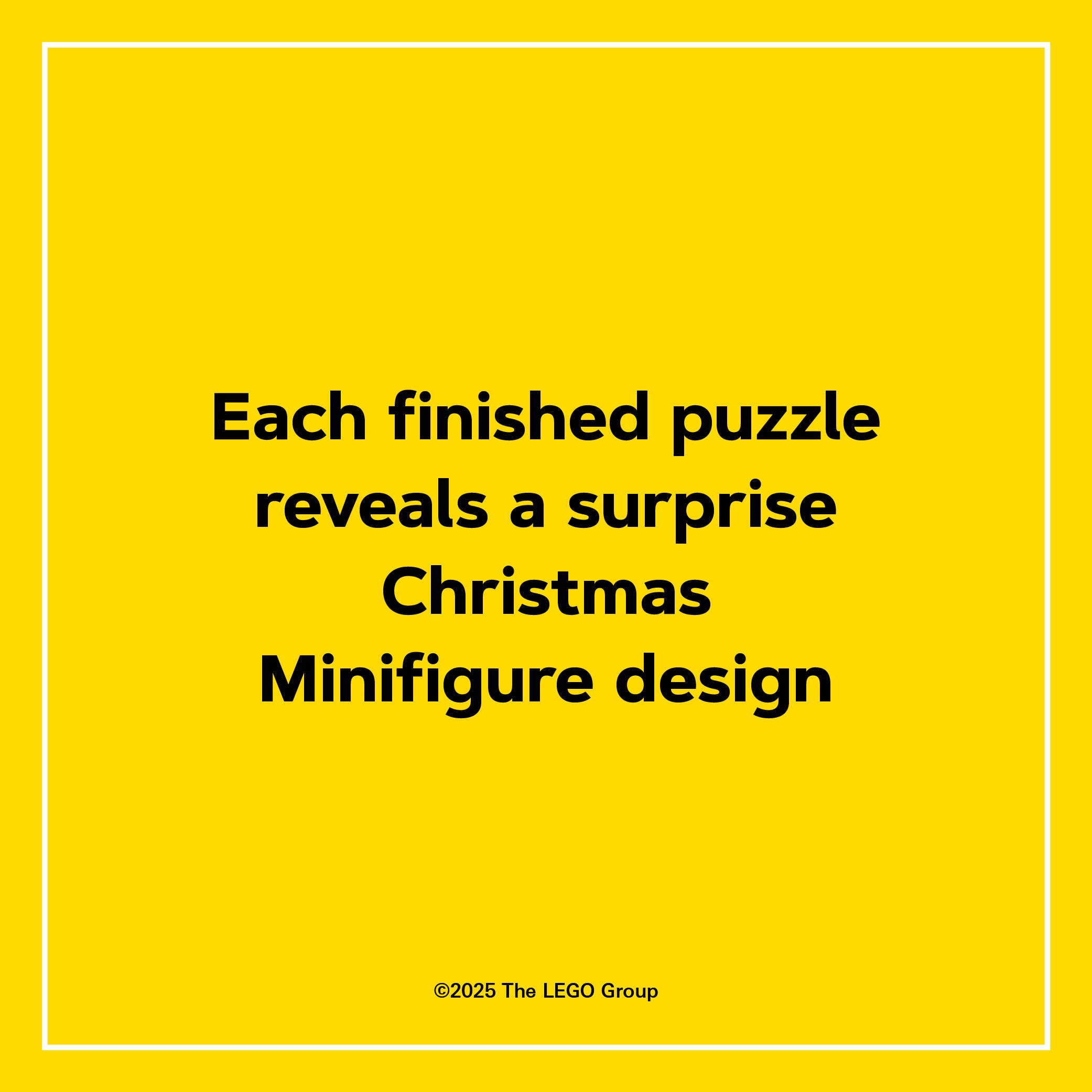 LEGO Christmas Minifigure puzzle set; yellow background with black text stating each puzzle has a surprise figure.