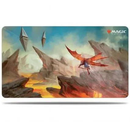 Magic the Gathering playmat (ZNR) featuring Lavaglide Pathway with rocky cliffs and a gliding figure.