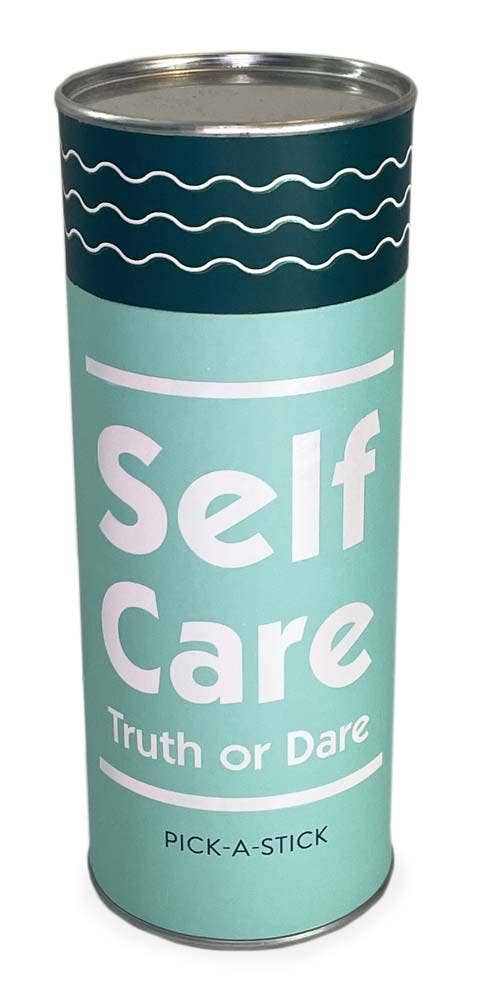 Self-Care Truth or Dare PICK-A-STICK in a cylindrical teal container featuring wellness prompts.