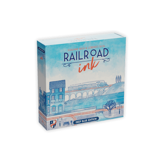 Railroad Ink: Deep Blue Edition box with blue train and building illustrations.