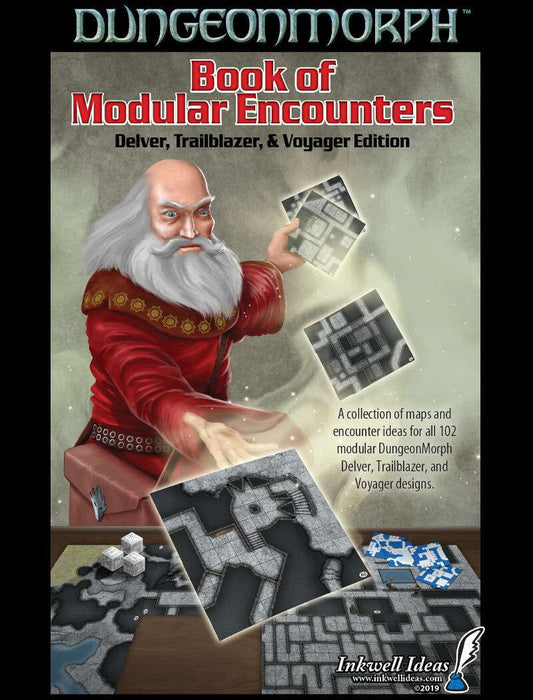 DungeonMorph map tiles, mini-dungeons, and the Book of Modular Encounters displayed on a table.