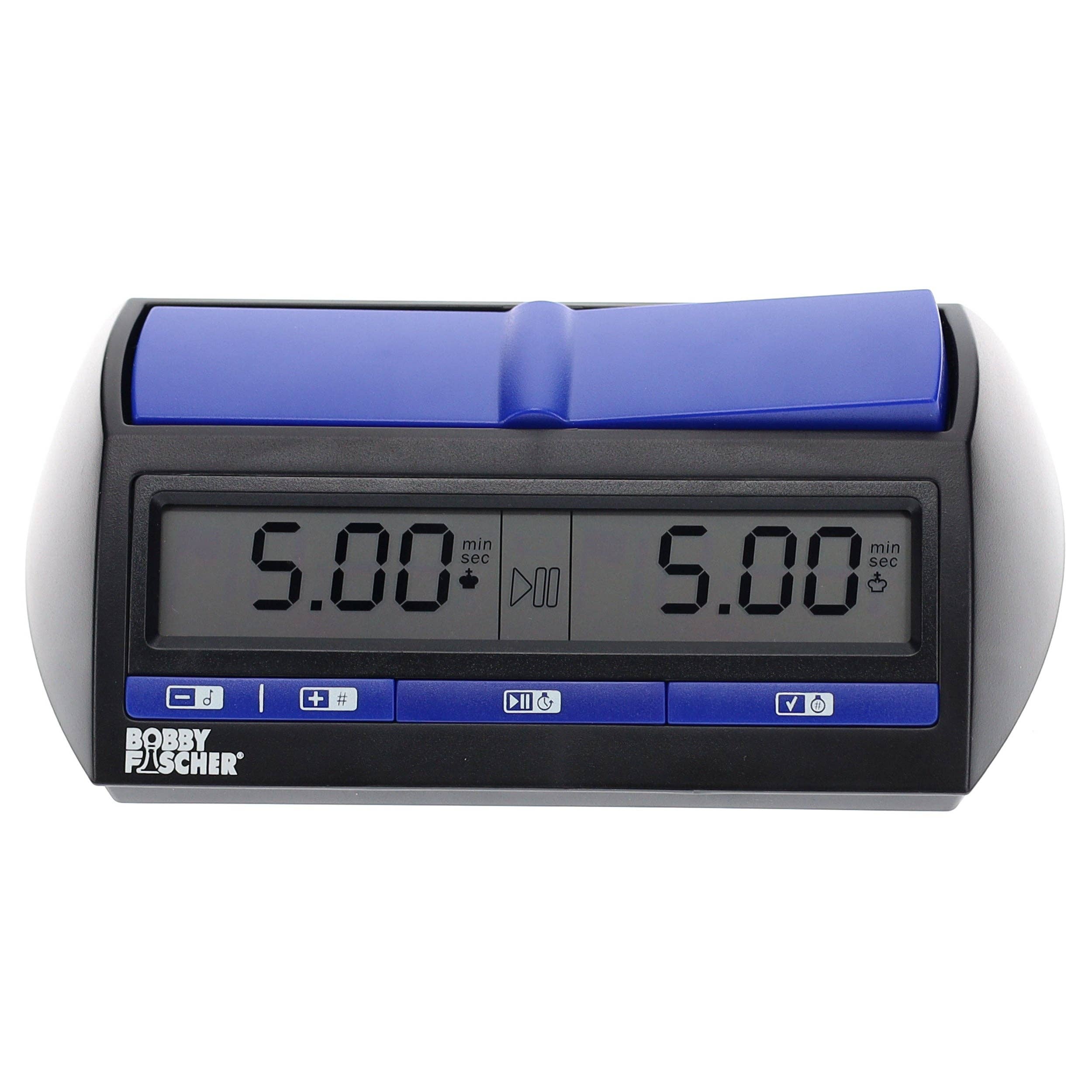 DGT Bobby Fischer Digital Chess Clock with dual displays, blue buttons, and 5-minute timers on each side.