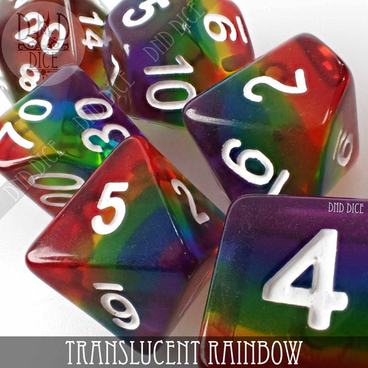Translucent Rainbow resin DnD dice set with white numbers and a translucent multicolor finish.