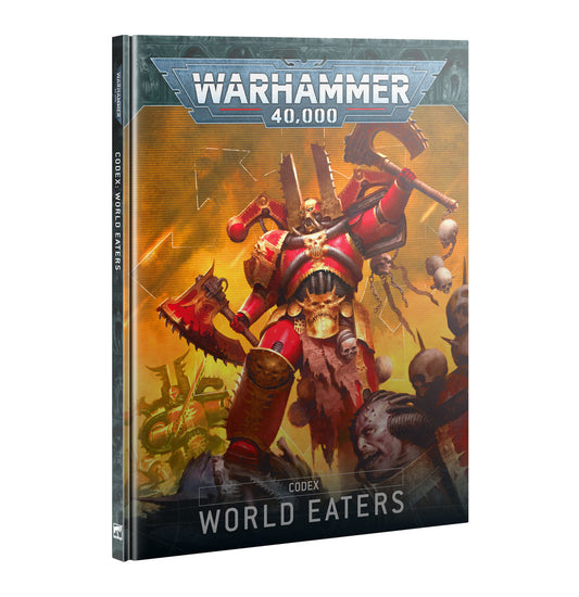 Codex: World Eaters hardback book with army rules; cover shows a red-armored warrior.