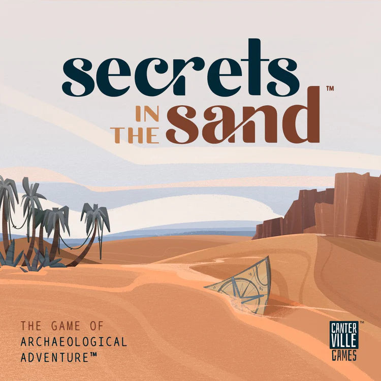 Secrets in the Sand product with desert scene, palm trees, cliffs, and a half-buried artifact.