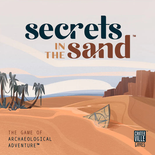 Secrets in the Sand product with desert scene, palm trees, cliffs, and a half-buried artifact.