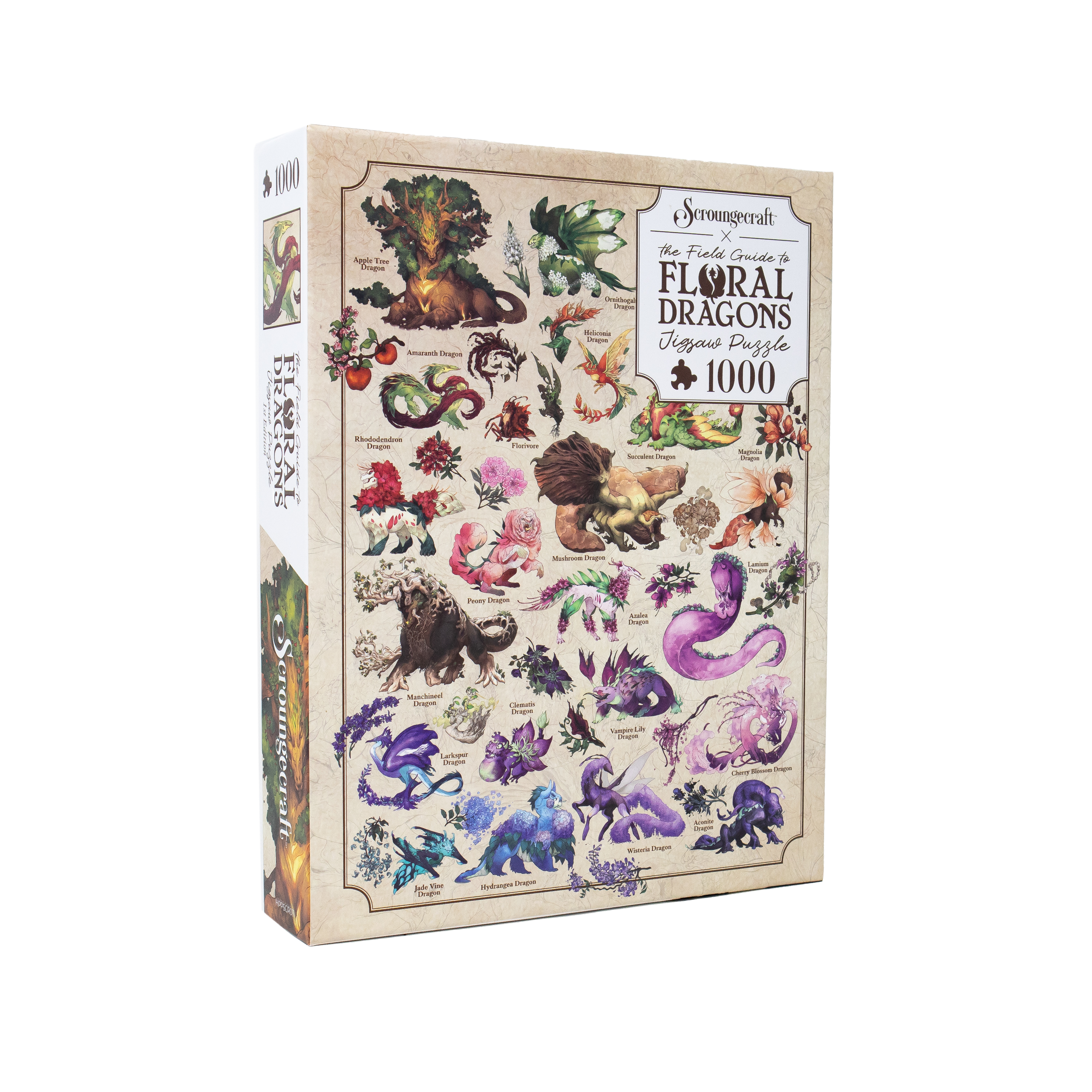 The Field Guide To Floral Dragons 1000-piece puzzle featuring Kin Wald’s floral dragon illustrations on a cream background.