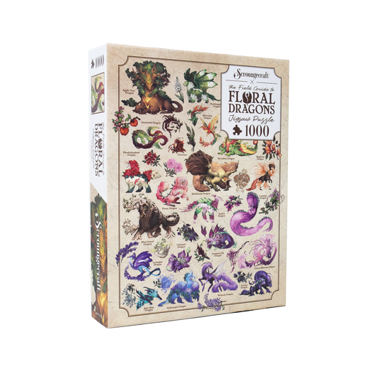 The Field Guide To Floral Dragons 1000-piece puzzle featuring Kin Wald’s floral dragon illustrations on a cream background.